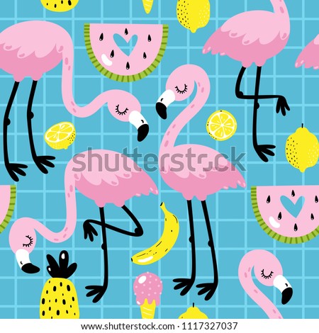 Cute hand drawn seamless pattern with pink flamingo. Vector illustration.
