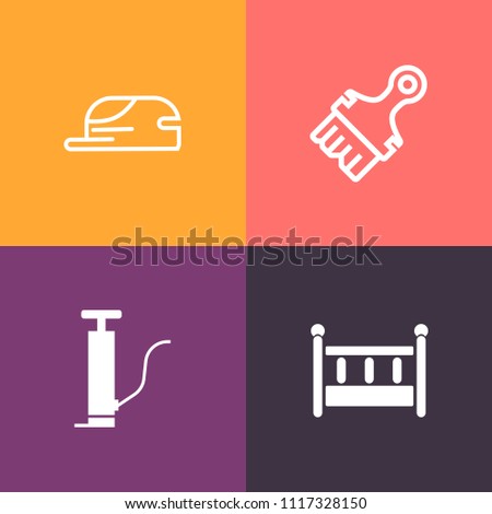 Modern, simple vector icon set on colorful background with paintbrush, cradle, toy, head, cap, childhood, home, baseball, grunge, artistic, wear, pump, sign, child, petrol, interior, collection icons