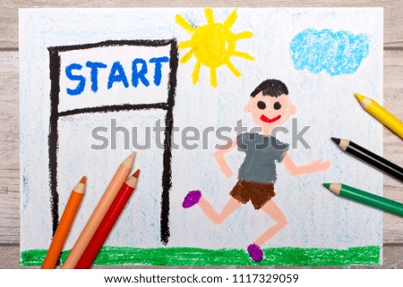 Photo of colorful drawing: boy starting the run. Inscription START and smiling, running boy