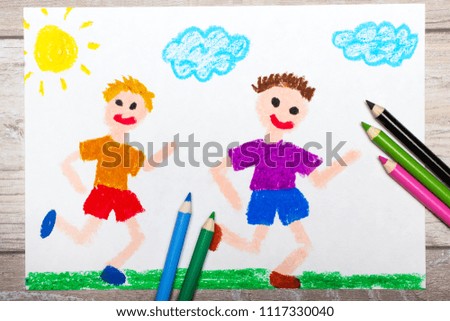 Photo of colorful drawing: two smiling running boys
