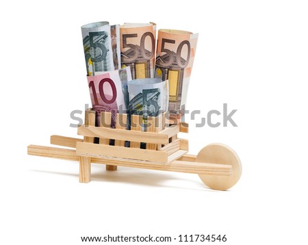  Wooden wheelbarrow with bills, isolated on the white background