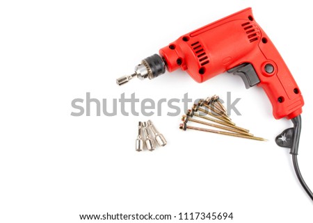 Set HEX Drive magnetic drill bit socket driver (8mm) and roof screw install with red electric drill isolated on white background and have copy space.