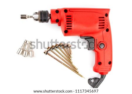 Set HEX Drive magnetic drill bit socket driver (8mm) and roof screw install with red electric drill isolated on white background.