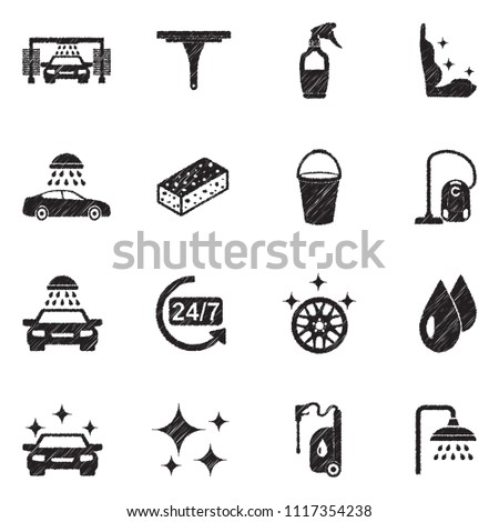 Car Wash Icons. Black Scribble Design. Vector Illustration.
