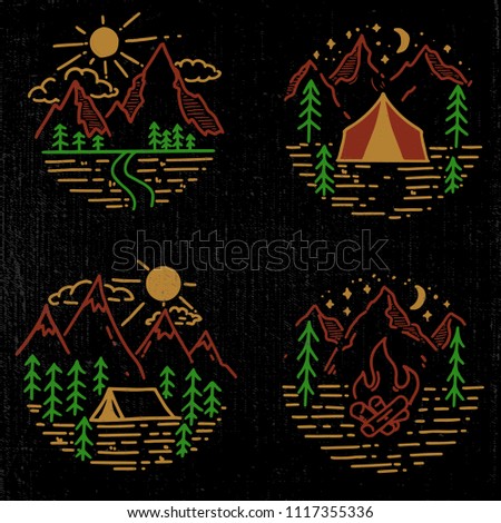 Set of hand drawn hiking and tourism emblems. Design element for logo, poster, card, emblem, print. Vector image