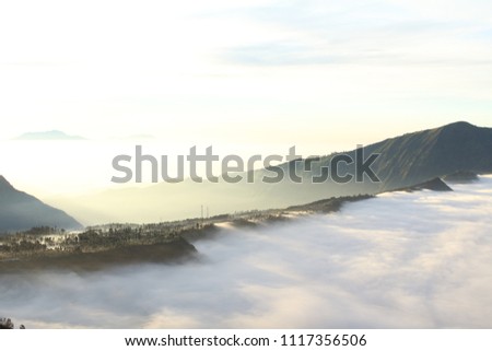 beautiful scenery which consist of mountain, blue sky, tree and the sea of mist taked at Mountain Bromo, Indonesie
