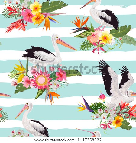Tropical Nature Seamless Pattern with Pelicans and Flowers. Floral Background with Waterbirds for Fabric, Textile, Wallpaper. Vector illustration