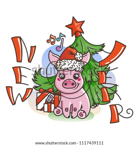 Happy New 2019 Year card with cartoon baby pig. Small vector symbol of holiday in santa hat with music player.