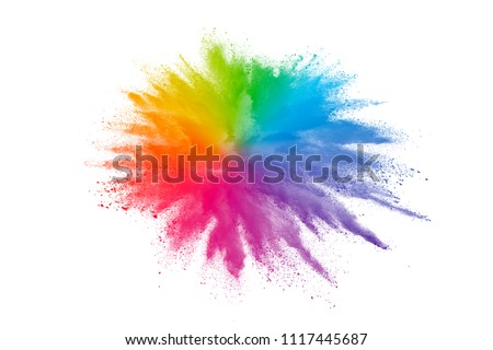 The explosion of multi colored powder. Beautiful rainbow color powder fly away. The cloud of glowing color powder on white background Royalty-Free Stock Photo #1117445687