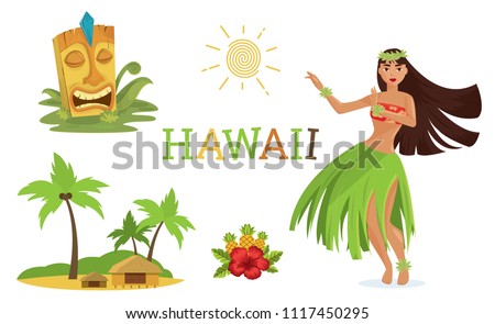 Hawaiian elements set with hula dancer woman, tiki mask, palms, flowers, sun. Vector illustration