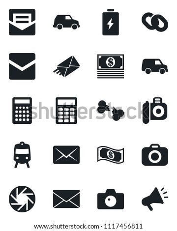 Set of vector isolated black icon - train vector, camera, mail, broken bone, chain, mobile, calculator, battery, cash, car, advertising