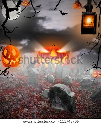 Spooky halloween ruined cemetery