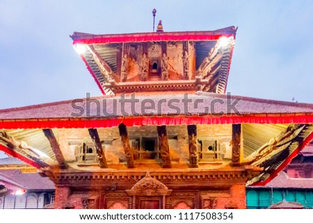 Photograph of Pagodas of Kathmandu at dusk dawn daytime snap in landscape style.Travel, Vacation, freedom, simplicity Holiday Concept. . Useful for background wallpaper screen saver e-cards website