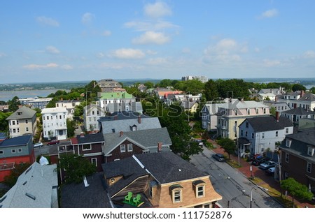View of Portland Maine from the observatory on Munjoy Hill looking at the rooftops