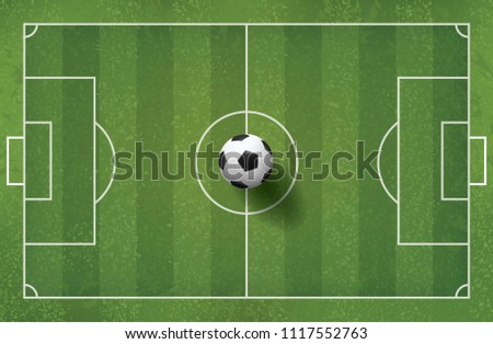 Soccer football ball on green grass of soccer field pattern and texture for background. Vector illustration.