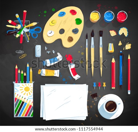 Top view vector illustration set of artist workplace on blackboard background.
