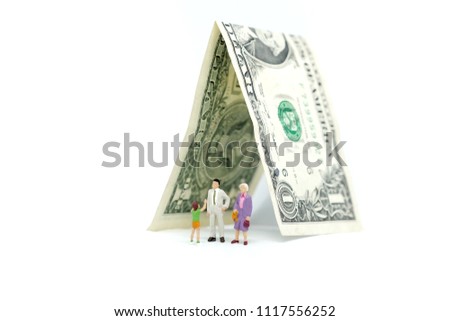 miniature people : Happy family and children. They are standding with banknote background. Picture use for holliday concept, bussiness concept or international day of families.