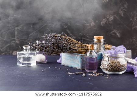 Lavender set - a bouquet of dry lavender, essential oil, cosmetic salt. Spa theme, relaxation and beauty