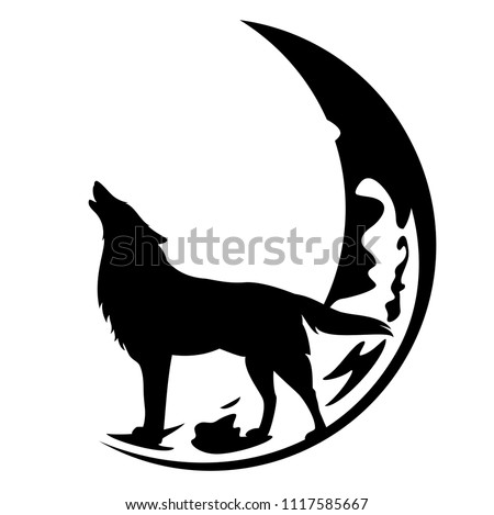 howling wolf and crescent moon black and white vector design