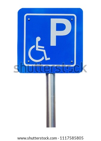 Blue metal street sign of free space parking for cars that there is the disabled, Isolated on white background
