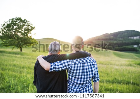 An adult hipster son with senior father standing in nature at sunset. Rear view. Royalty-Free Stock Photo #1117587341