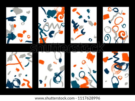 Set of 8 Cover Templates with Bright Brush Strokes on White Background. Colorful Base For Poster, Banner, Greeting Card or Invitation. Abstract Editable Design in Retro Style of 1990s