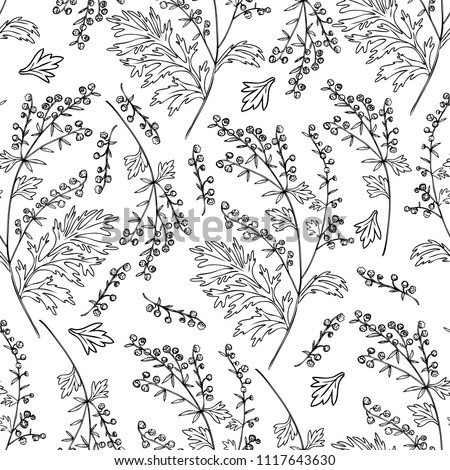 Seamless floral vector pattern Artemisia vulgaris, wormwood common hand drawn ink sketch illustration isolated on white background, Also called absinthium, Absinthe plant for design cosmetic, textile Royalty-Free Stock Photo #1117643630