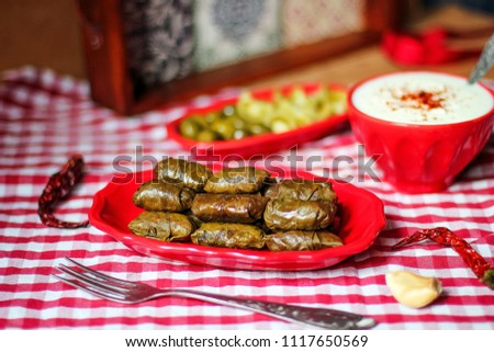 Dolma(tolma, sarma) - stuffed grape leaves with rice and meat. Traditional Caucasian, Ottoman, Turkish,Azerbaijan  and Greek cuisine