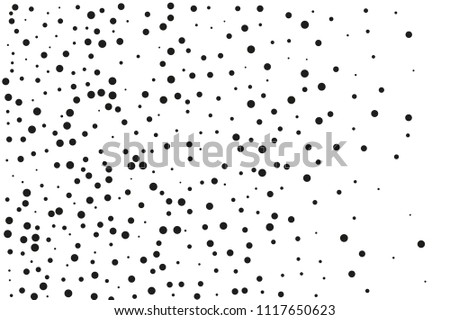 Black dots of different sizes on a white background. Abstract spray pattern. Vector illustration. Black glitter blow explosion and splats on white. Grunge texture. 