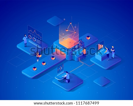 People interacting with charts and analysing statistics. Data visualisation concept. 3d isometric vector illustration. Royalty-Free Stock Photo #1117687499