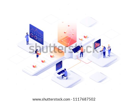 People interacting with charts and analysing statistics. Data visualisation concept. 3d isometric vector illustration. Royalty-Free Stock Photo #1117687502
