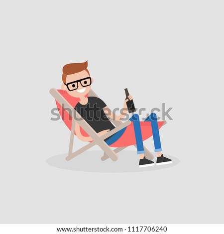 Young character sitting in a chaise lounge and drinking beer. Vacation. Summer. Weekend. Outdoor. Flat editable vector illustration, clip art