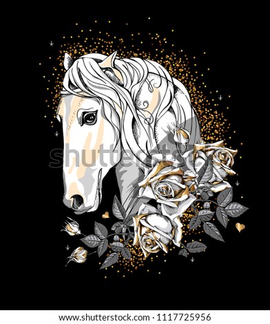 Vector illustration. Portrait of the white Horse with gold Rose flowers and leaves on a black background. Emblem, t-shirt composition, hand drawn style print.