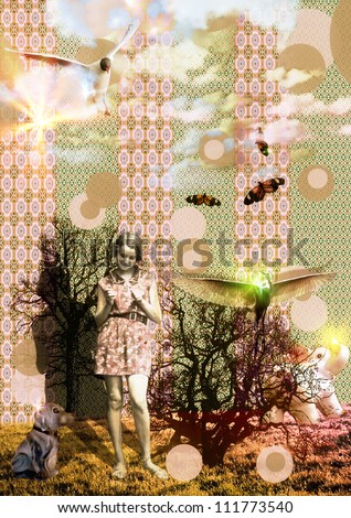 Alice's Adventures in Wonderland - (for this photo collage is used original hand-colored photograph of teen girl from 1965) - mixed media, collage (warm colors)