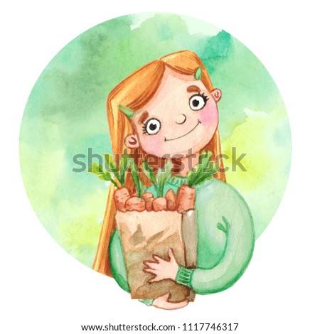 Young girl with carrots watercolor illustration
