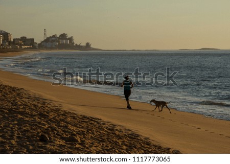 Athlete running on the beach of Macaé Rio de Janeiro Brazil at sunrise accompanied by a dog