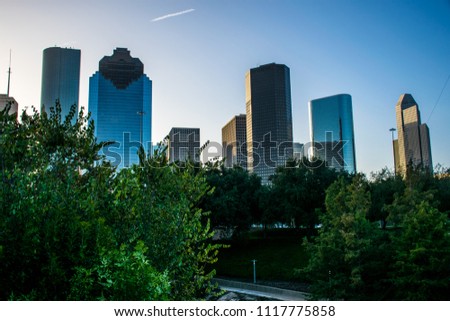 Near Buffalo River and Sabine Street bridge Rising downtown towers of financial wealthy and property value the Skyline cityscape of Houston , Texas , USA big city of east Texas near Gulf coast