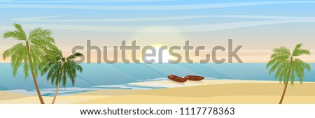 Island in the ocean, a sandy beach and coconut trees. Two wooden boats on the beach. Waves, sea, sea foam. Summer seaside vacation and travel. Vector landscape.