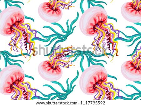 fashionable marine seamless pattern with medusa for clothes, textiles, vector Royalty-Free Stock Photo #1117795592