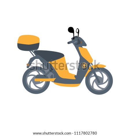 Flat vector illustration of yellow electric scooter. Electro mobility e-motion concept.