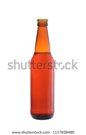 bottle from dark glass filled with beer and closed by a metal cover isolated on a white background