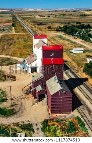 Aerial of grain elevators, Mortlach, Saskatchewan, Canada