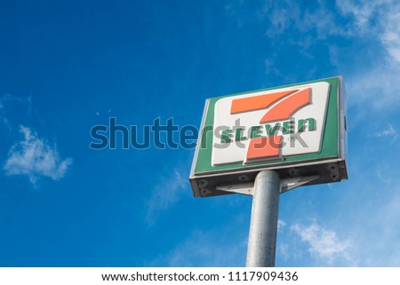 Bangkok, Thailand june 18 State-2018 7-11 logo items and thousands of branches in countries that mok 7 Thailand Royalty-Free Stock Photo #1117909436