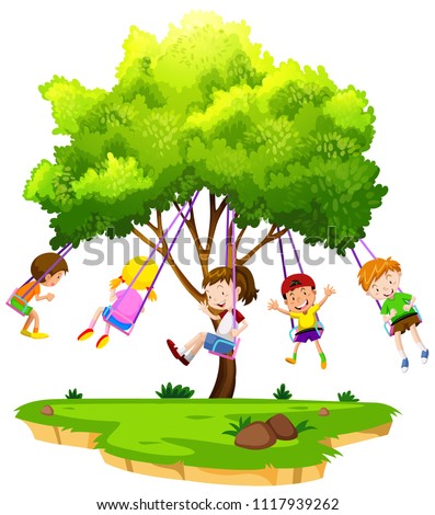 Children Sitting on Tree Swing illustration