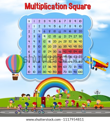 Multiplication square with children playing illustration
