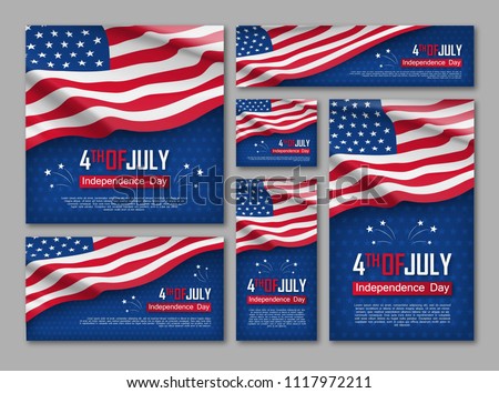 Independence day celebration banners set. 4th of july felicitation greeting cards with waving american national flag on blue background. USA country federal patriotic holiday. Vector illustration Royalty-Free Stock Photo #1117972211