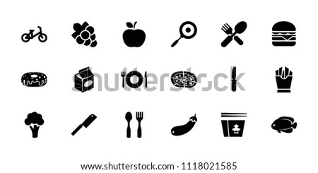 Food icon. collection of 18 food filled icons such as cauliflower, plate fork and spoon, fish, child bicycle, grape, french fries. editable food icons for web and mobile.