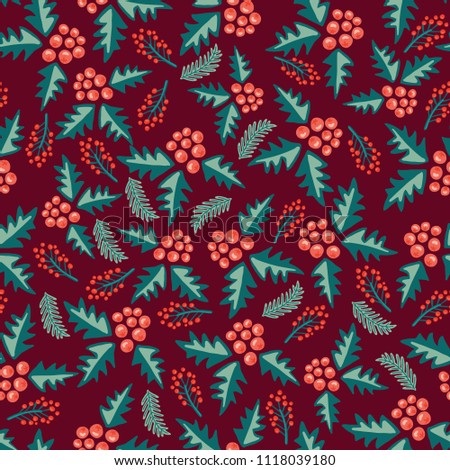 Hand-drawn mistletoes and leaves on a red background. Seamless vector pattern. Great for the Christmas season - greeting cards, gift wrap, fabric.