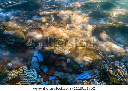 Aerial view of greenhouse in fields and fog, mountain , Da Lat, Lam Dong, Vietnam