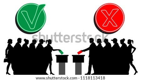 voters crowd silhouette by voting for election with check marks. All the silhouette objects, icons and background are in different layers. 